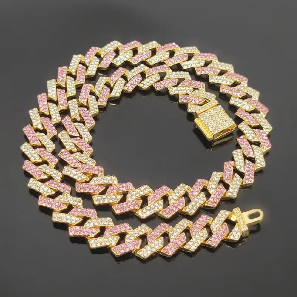 Pink Blue Cuban Link Necklace Small Flip Cubic Zirconia Unisex Hip Hop Chain Jewelry for Couples Daily Wear Party