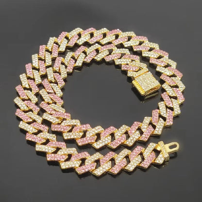 Pink Blue Cuban Link Necklace Small Flip Cubic Zirconia Unisex Hip Hop Chain Jewelry for Couples Daily Wear Party