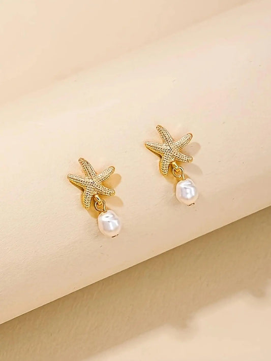 Starfish & Faux Pearl Decor Dangle Earrings, Stylish Jewelry for Women, Trendy All-match & Exquisite Jewelry for Birthday Gift, Trendy Fashionable Accessories, Beachy Earrings, Earrings Dangling