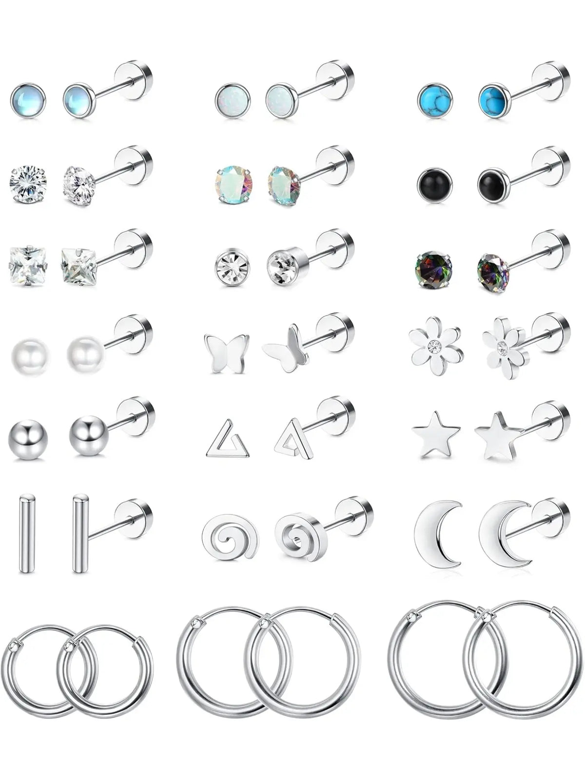 21 Pairs of Stainless Steel Flat Back Earrings, Hoop Earrings and Studs, 20G Screw Back Posts, Flatback Cartilage Earrings for Stacking, Earring Stacks, Hypoallergenic Jewelry for Sensitive Skin, Earrings Set