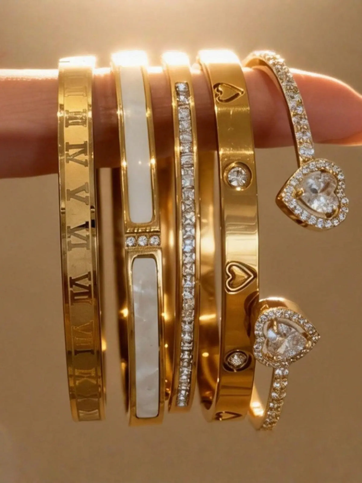 5-Piece 18K Gold-Plated Stackable Bracelet Set, Roman Numerals, Cubic Zirconia, Heart Designs, Hypoallergenic Stainless Steel Jewelry for Women