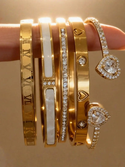 5-Piece 18K Gold-Plated Stackable Bracelet Set, Roman Numerals, Cubic Zirconia, Heart Designs, Hypoallergenic Stainless Steel Jewelry for Women