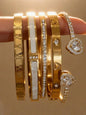 5-Piece 18K Gold-Plated Stackable Bracelet Set, Roman Numerals, Cubic Zirconia, Heart Designs, Hypoallergenic Stainless Steel Jewelry for Women