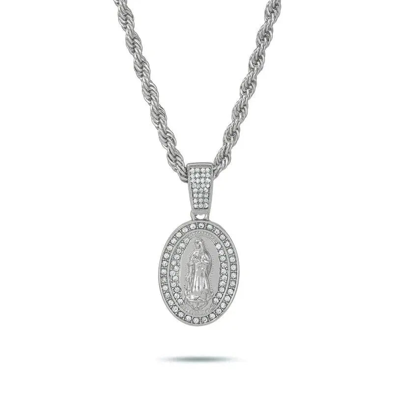 MaxBling81 Women's Gold Religious Motif Oval Iced Cubic Zirconia Charm Pendant Necklace, 4mm Rope Chain (18"-20"-24"), Costume Jewelry, Daily Wear Accessory, Religious Gift, Necklaces
