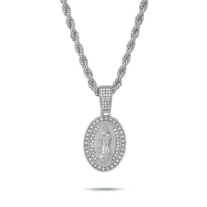 MaxBling81 Women's Gold Religious Motif Oval Iced Cubic Zirconia Charm Pendant Necklace, 4mm Rope Chain (18"-20"-24"), Costume Jewelry, Daily Wear Accessory, Religious Gift, Necklaces