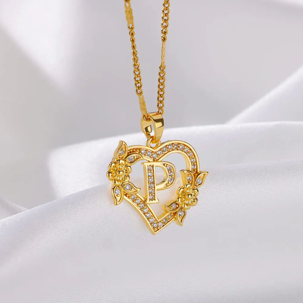 New Fashion Letter Detail Heart Shaped Pendant Necklace, Love Necklace for Women for Summer, Rhinestone & Flower Decor Stainless Steel Matching Necklace Jewelry, Girl's Temperament Cloths Accessory for Daily Wear
