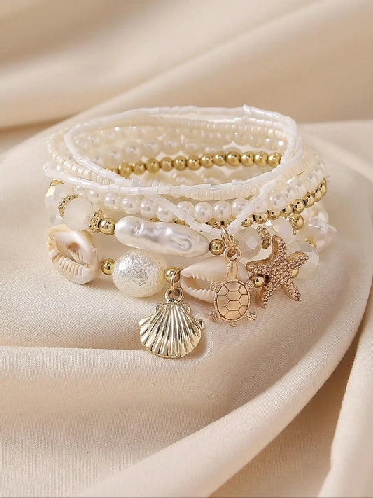 7pcs Vintage Bohemian Style Bracelet Set, Beaded Starfish Shell Pearl, Stackable, Layered Bracelet Set, Boho Style Bracelet, Ideal for Women's Daily, Party, Wedding, Holiday Gift, Stacked Bracelets