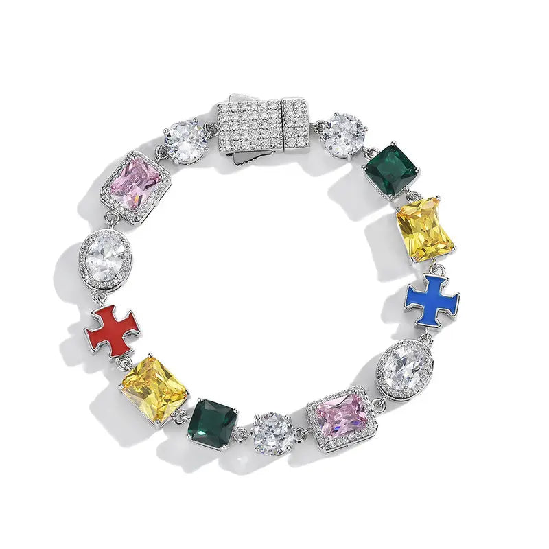 Colorful Dopamine Zircon Bracelet, Iced-Out Cross Gemstone Hip Hop Bracelet for Men and Women