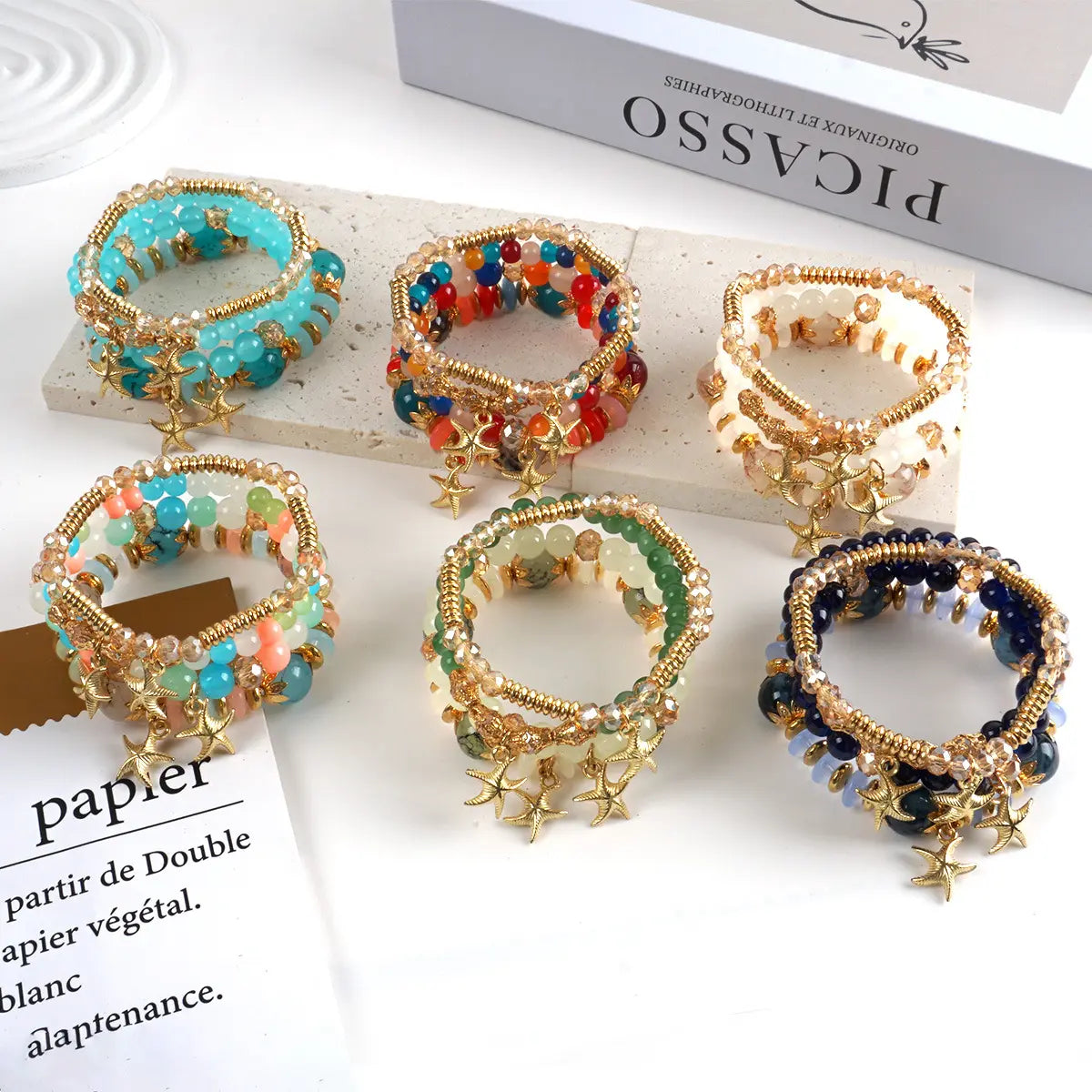 Women's 12/24pcs Boho Beaded Bracelets Set - Golden-Tone Starfish, Multi-Layer, Luxury Summer Costume Jewelry - Daily Wear, Festival Use, Ideal Gifts for Women, Accessories Adults, Bracelet Stacking, Layered Boho Look, Mix-Match Magic, Boho Casual,sohochi