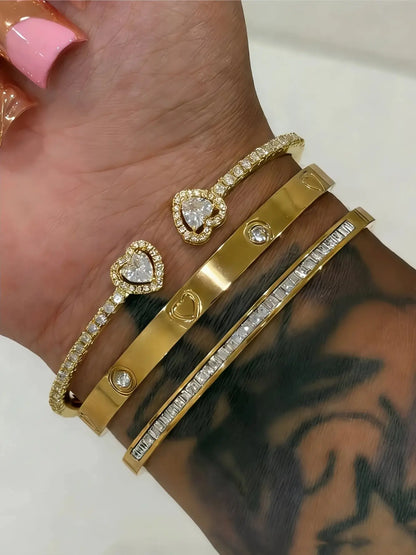 3pc/Set Stainless Steel 18K Gold-Plated Zirconia Heart Bangle, 14K Gold Copper Zirconia Open Cuff Bracelet, Fashion Women's Daily Wear Holiday Gift Set, Elegant Heart-Shaped Zirconia-Studded Bracelet, Stack Bangle, Jewelry Bracelets