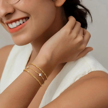 Women's 3pc Adjustable Bracelets Set - 14K Gold-Plated & Silver-Tone Layered Link Chains with Zirconia Beads, 7.9in Classic Exquisite Fashion Wrist Jewelry for Daily Stacking, Jewelry for Women
