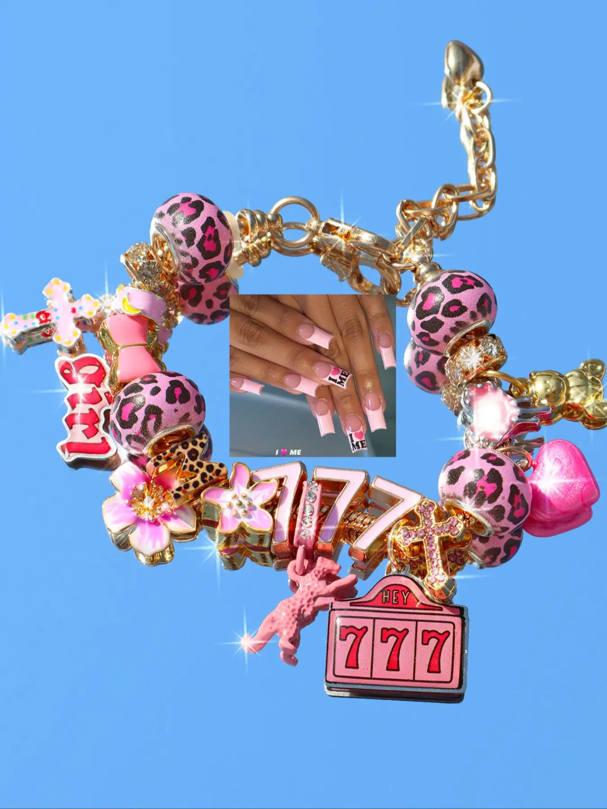 Leopard Print Cherry Charm Bracelet, Star Girl Cross Bracelet, Lucky Number 777 Bracelet, Cherry Tooth Bracelet, Pool Ball 7 Bracelet