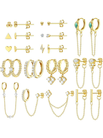 Dainty Earrings Set for Women, Gold Plated Stud & Huggie Hoops, Ear Studs, Hypoallergenic Post Earrings Surgical Steel, Casual Style, All Seasons, High Quality Earrings, Hypoallergenic Jewelry