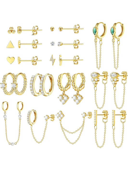 Dainty Earrings Set for Women, Gold Plated Stud & Huggie Hoops, Ear Studs, Hypoallergenic Post Earrings Surgical Steel, Casual Style, All Seasons, High Quality Earrings, Hypoallergenic Jewelry