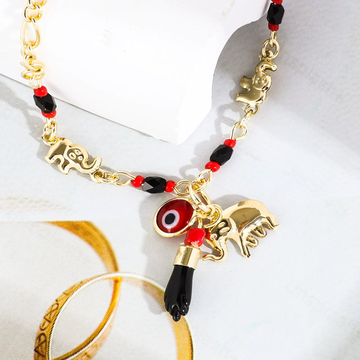 Trendytry 14K Real Gold Plated Elephant Evil Eye Bracelet - Adjustable Hypoallergenic Bohemian Guardian Gold Bracelets for Women, Animal Shaped Collectible Jewelry Charms, Arm Candy Accessories Adults