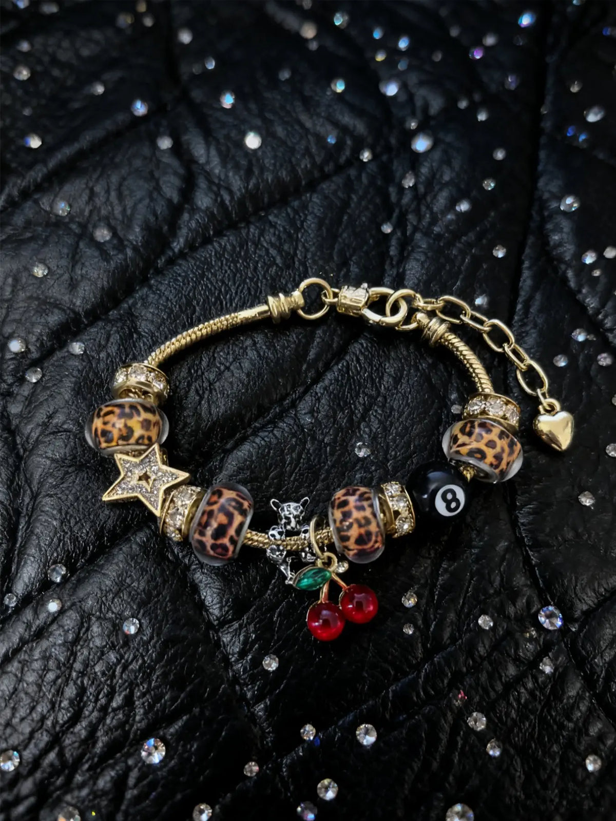 Women's Leopard Print Rhinestone Cherry Pendant Bracelet, Sexy Style Iron Chain Jewelry for All Seasons, Perfect Gift for Women, Trendy Jewelry, Charm Bracelets, Fashionable Bracelet, Bracelet with Pendant