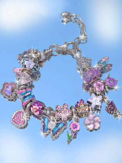 Vintage Flower Charm Bracelet, Cherry Blossom Bracelet, Tulip Flower Bracelet, Vintage Butterfly Bracelet, Vacation Style Bracelet, Floral Charm Bracelets