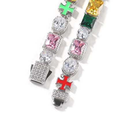 Colorful Dopamine Zircon Bracelet, Iced-Out Cross Gemstone Hip Hop Bracelet for Men and Women