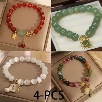 4pcs Elegant Bracelets Featuring Opal Beads, Vintage Green Glass, Red Agate Charms, And Lucky Cat Pendants - Jewelry Gift for Women Men Couple Best Friend