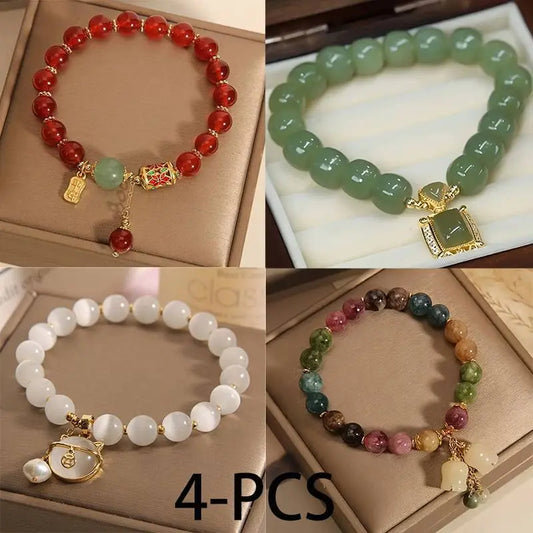 4pcs Elegant Bracelets Featuring Opal Beads, Vintage Green Glass, Red Agate Charms, And Lucky Cat Pendants - Jewelry Gift for Women Men Couple Best Friend