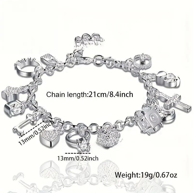 Women's Baroque Alloy Plated Heart Key Pendant Bracelet - 1pc, 13 Small Pendants, Bohemian Style, Silvery Bling Effect, Jewelry for Women, Bangle Fashion Accessory, Ideal for Girlfriend Gift, Birthday Gift