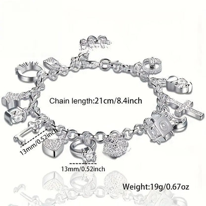 Women's Baroque Alloy Plated Heart Key Pendant Bracelet - 1pc, 13 Small Pendants, Bohemian Style, Silvery Bling Effect, Jewelry for Women, Bangle Fashion Accessory, Ideal for Girlfriend Gift, Birthday Gift