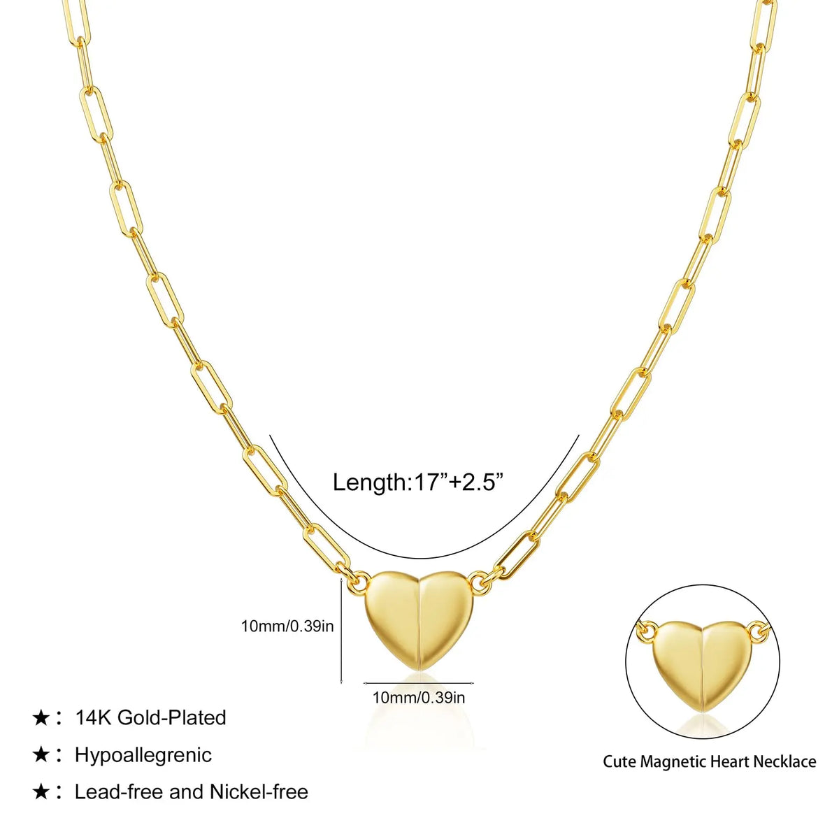 Tewiky 14K Gold/Silver Plated Heart Shape Pendant Magnetic Necklace for Women Dainty Fashion Choker Necklace Jewelry Love Party Mother's Day Gift