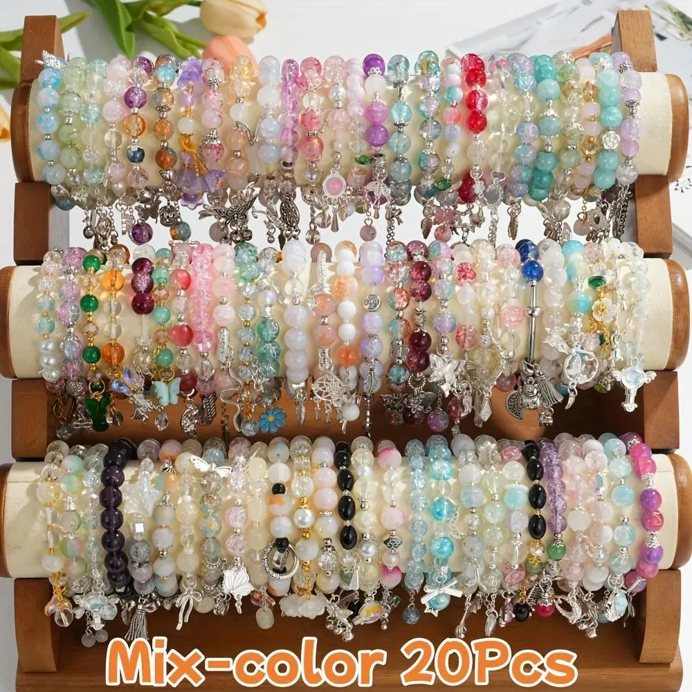 Women's 20pc Beaded Bracelets Set - Boho Stretch Charm Bracelets Stacks with Glass Beads, Floral, Heart, Butterfly Charms, Jewelry for Women for Everyday Use & Gifting, Cute Purse Stuffers, Sohochic