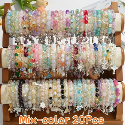 Women's 20pc Beaded Bracelets Set - Boho Stretch Charm Bracelets Stacks with Glass Beads, Floral, Heart, Butterfly Charms, Jewelry for Women for Everyday Use & Gifting, Cute Purse Stuffers, Sohochic