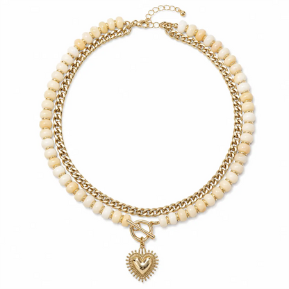 Women's dopamine double-layer colored bead heart-shaped necklace, adjustable layered collarbone chain, women's fashionable jewelry necklace