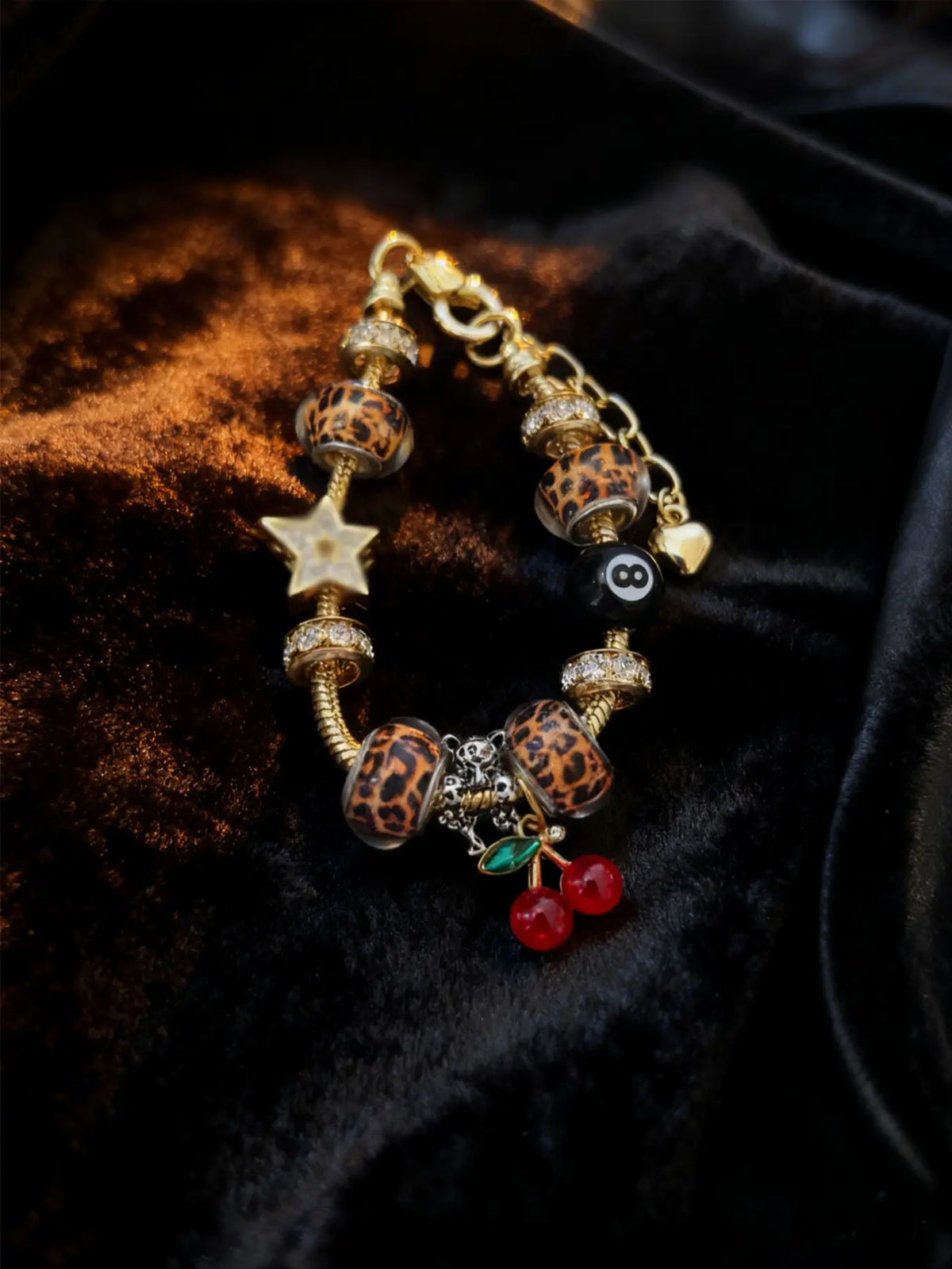 Women's Leopard Print Rhinestone Cherry Pendant Bracelet, Sexy Style Iron Chain Jewelry for All Seasons, Perfect Gift for Women, Trendy Jewelry, Charm Bracelets, Fashionable Bracelet, Bracelet with Pendant