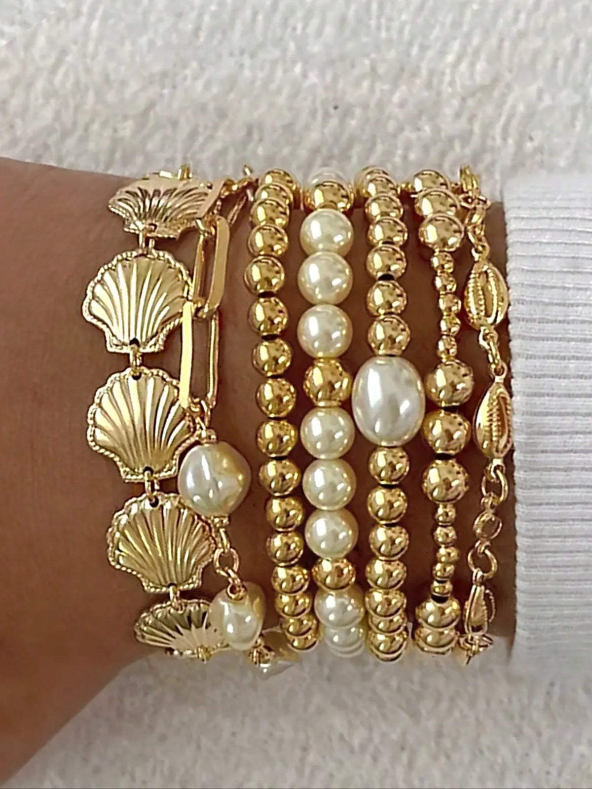 7pcs Vintage Bohemian Style Bracelet Set, Beaded Starfish Shell Pearl, Stackable, Layered Bracelet Set, Boho Style Bracelet, Ideal for Women's Daily, Party, Wedding, Holiday Gift, Stacked Bracelets