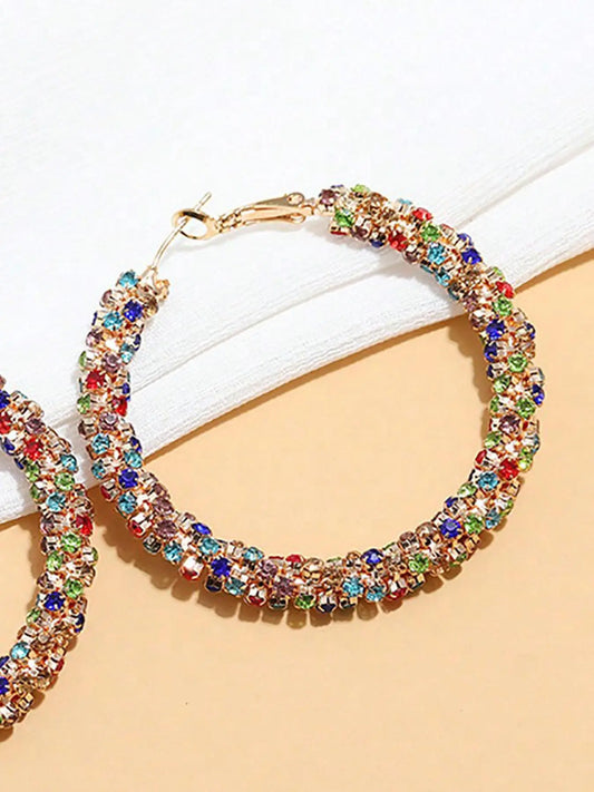 Colorblock Rhinestone Decorated Hoop Earrings for Women, Statement Hoops Earrings, Daily Use, Trendy Exquisite Stylish Jewelry for Birthday Gift, High-Quality Earrings