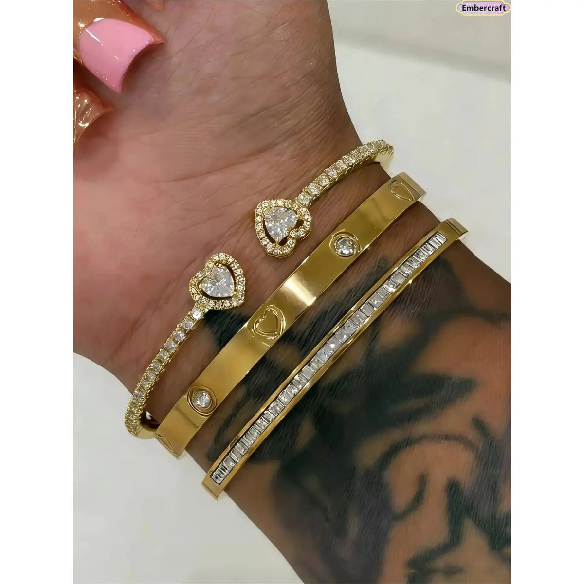 Women's 3PC Heart Bangle Bracelet Set - 18K Gold Plated Sparkly Zirconia Open Cuffs, Jewelry for Women, Stainless Steel Bracelet Stack, Arm Candy Accessories, Daily Girly Items, Ideal Gift for Date Night