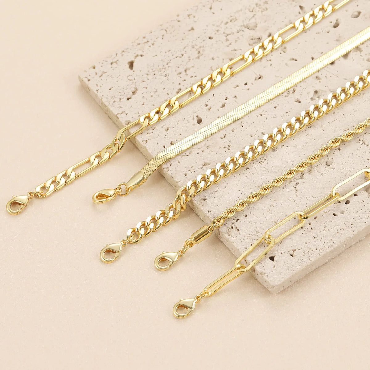 TEWIKY Women's 5-Piece Thin Dainty Gold Aesthetic Bracelet Stack Set, Chain Styles Including Paperclip, Cuban Link & Greenish Beads, Adjustable 6.5in Metal Coating Jewelry for Everyday Wear, Casual, Stackable Sets