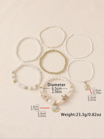 7pcs Vintage Bohemian Style Bracelet Set, Beaded Starfish Shell Pearl, Stackable, Layered Bracelet Set, Boho Style Bracelet, Ideal for Women's Daily, Party, Wedding, Holiday Gift, Stacked Bracelets