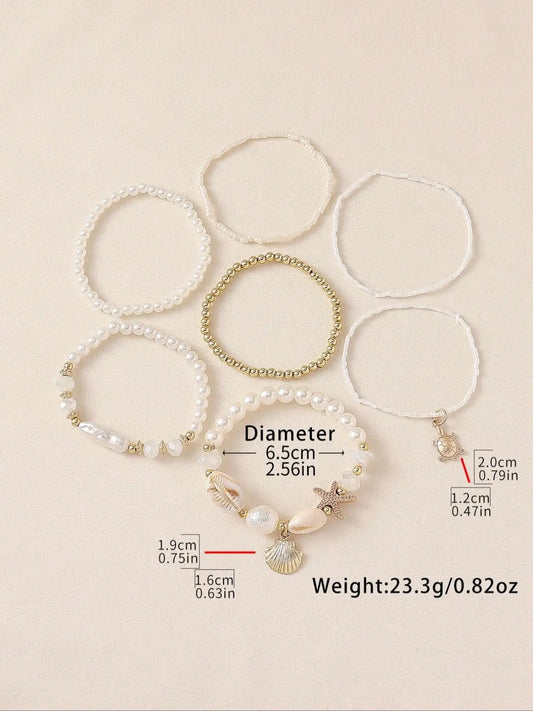 7pcs Vintage Bohemian Style Bracelet Set, Beaded Starfish Shell Pearl, Stackable, Layered Bracelet Set, Boho Style Bracelet, Ideal for Women's Daily, Party, Wedding, Holiday Gift, Stacked Bracelets
