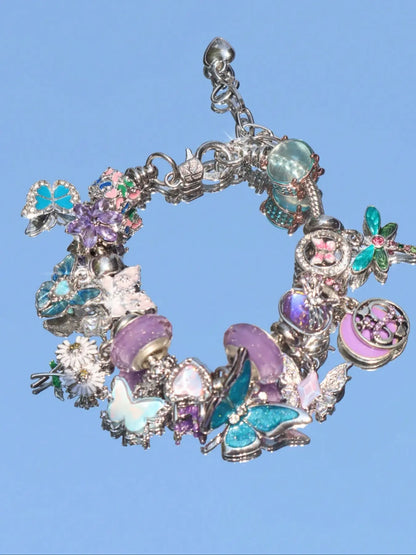 Vintage Flower Charm Bracelet, Cherry Blossom Bracelet, Tulip Flower Bracelet, Vintage Butterfly Bracelet, Vacation Style Bracelet, Floral Charm Bracelets