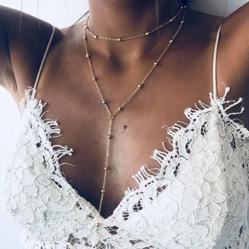 18K Gold Plated/Silver Lariat Necklace for Women, 2Pcs Dainty Long Necklace Multi-layer Y-Shaped Pendant Stackable Necklaces Trendy Layered Beaded Chain Minimalist Daily Wear Jewelry