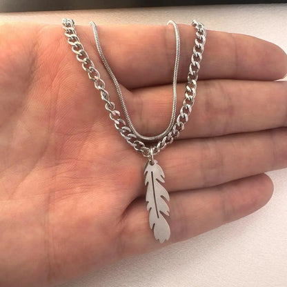 Unisex 2-Layered Hip-Hop Pendant Necklace with Delicate Feather Charm, Polyester Layered Chain Necklaces, 18.0in Adjustable Chain + 1.9in Extension, Streetwear Casual Accessory for Daily Styling