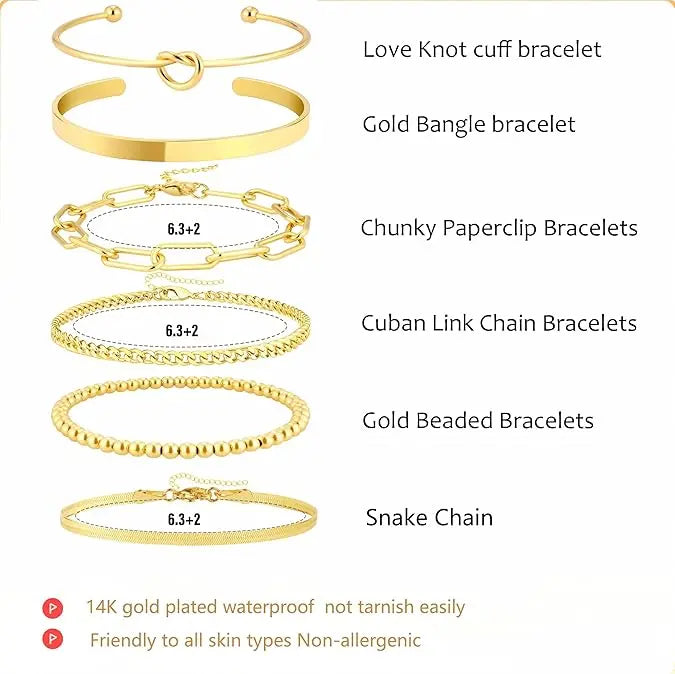 VENOCO Women's 6PCS 14k Gold-Plated Brass Charm Bangle Cuff Set - Dainty Stackable Bracelet Stacks with Beaded Paperclip Chain Links, Non-Tarnish Jewelry, Accessories for Women, Giftable Costume Bracelets