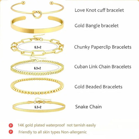 VENOCO Women's 6PCS 14k Gold-Plated Brass Charm Bangle Cuff Set - Dainty Stackable Bracelet Stacks with Beaded Paperclip Chain Links, Non-Tarnish Jewelry, Accessories for Women, Giftable Costume Bracelets