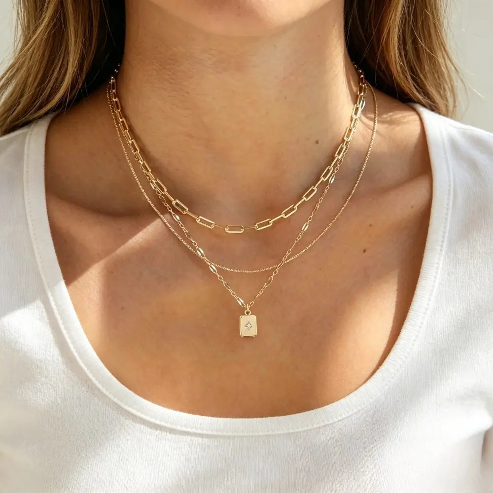 Women's 3-Piece Grid Paperclip Box Chain Necklaces Set for Leisure Indoor Recreation - Minimalist Rectangle Pendant with Sparkling Star Artificial Zircon, Layering Ready, Comfortable Fit, Daily Wear Jewelry