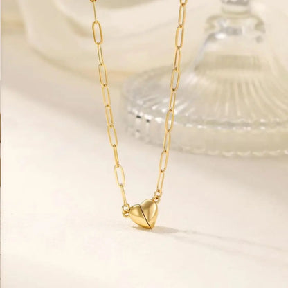 Gold Heart Necklace for Women 3D Puffy Love Pendant Stainless Steel Paperclip Link Chain Minimalist Layering Aesthetic Trendy Jewelry Gift