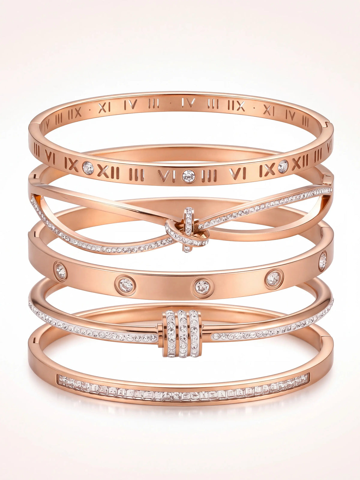 5-Piece Waterproof Titanium Steel Bracelet Set, Rhinestone Star Design, Unisex Jewelry, Stackable, Elegant, High Quality, Fashion Bracelets, Stackable Bangle Bracelets