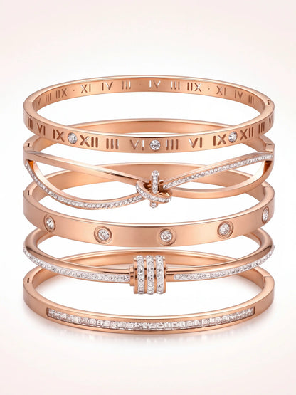 5-Piece Waterproof Titanium Steel Bracelet Set, Rhinestone Star Design, Unisex Jewelry, Stackable, Elegant, High Quality, Fashion Bracelets, Stackable Bangle Bracelets