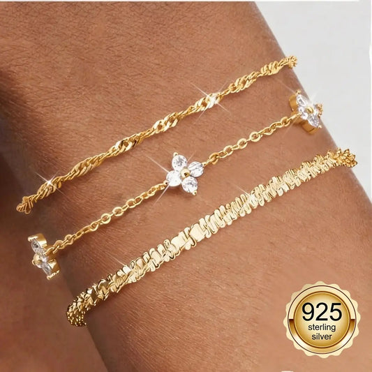 Women's 3pc Adjustable Bracelets Set - 14K Gold-Plated & Silver-Tone Layered Link Chains with Zirconia Beads, 7.9in Classic Exquisite Fashion Wrist Jewelry for Daily Stacking, Jewelry for Women