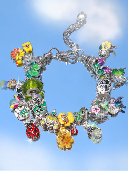 Vintage Flower Charm Bracelet, Cherry Blossom Bracelet, Tulip Flower Bracelet, Vintage Butterfly Bracelet, Vacation Style Bracelet, Floral Charm Bracelets