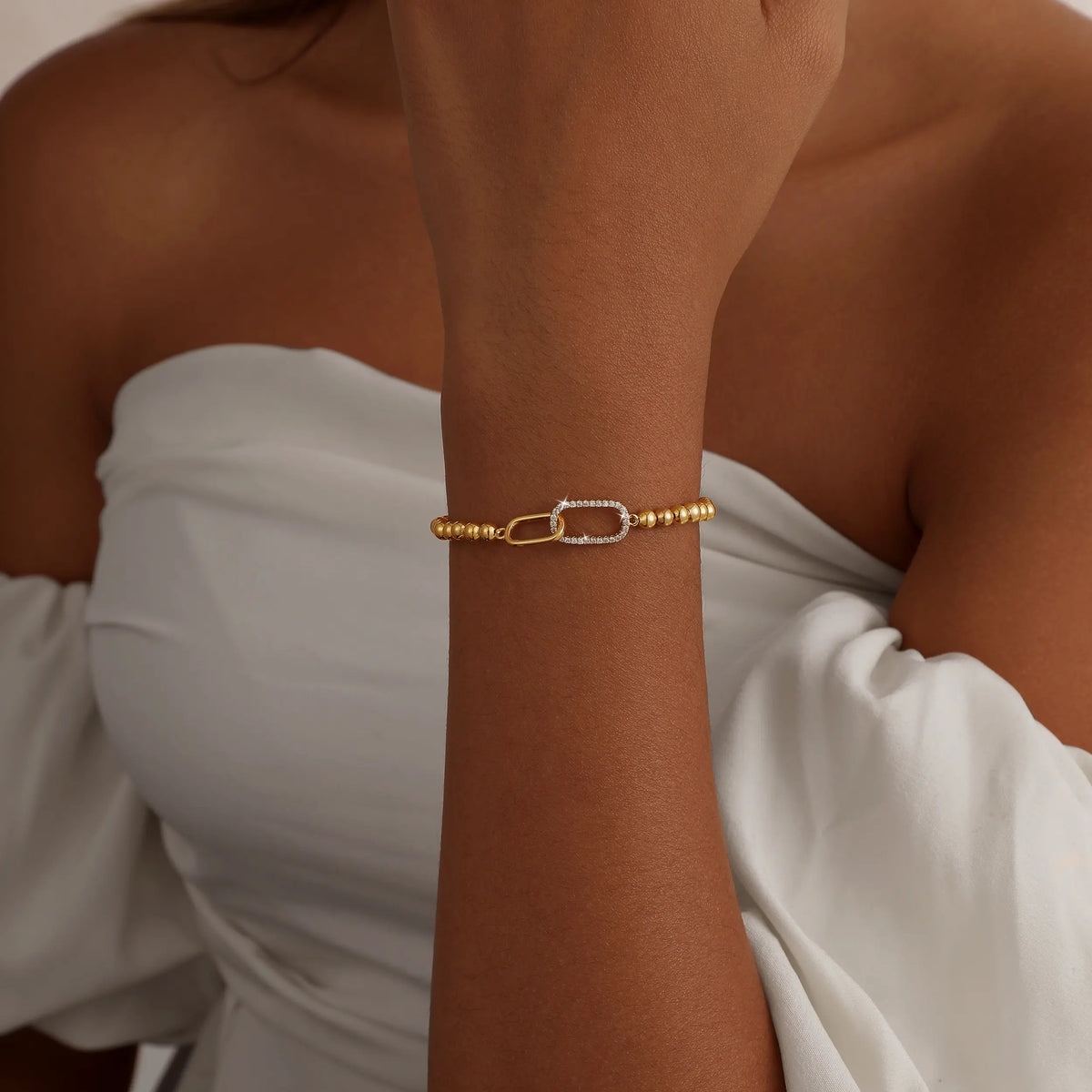 14K Gold Plated Beaded Stretch Bracelet for Women - Elegant CZ Stackable Jewelry, Non Tarnish, Perfect Gift for Friends & Mom,Dainty Gold Bracelet,Fashion Wrist Jewelry,Exquisite Bracelet,Stackable Bangle