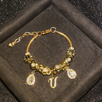 Women's Gold-Tone Mixed Charm Beaded Bracelet - A-Z Initial Letters Available, Fashion Costume Jewelry Gift